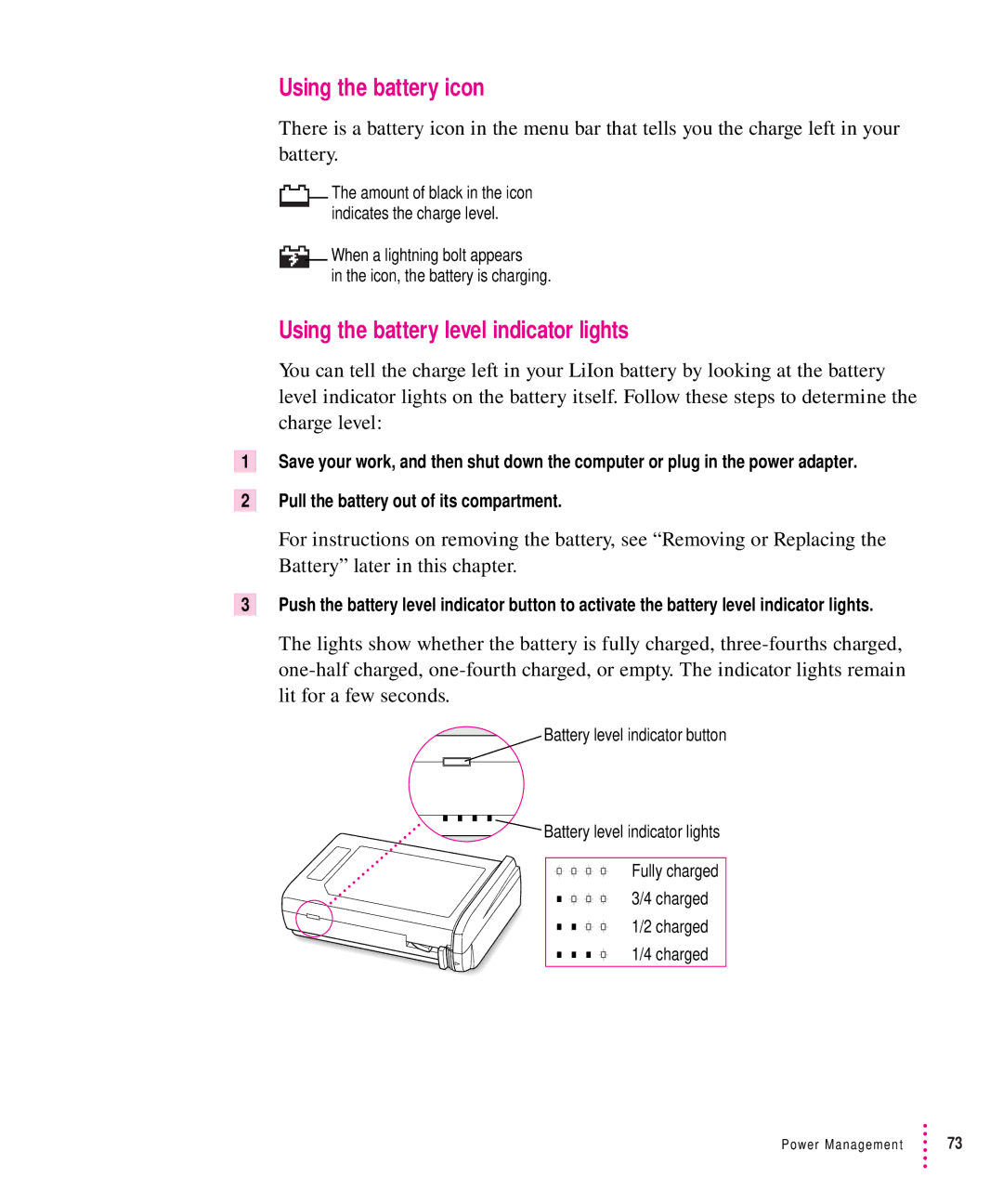 Apple 5300 Series manual Using the battery icon, Using the battery level indicator lights 