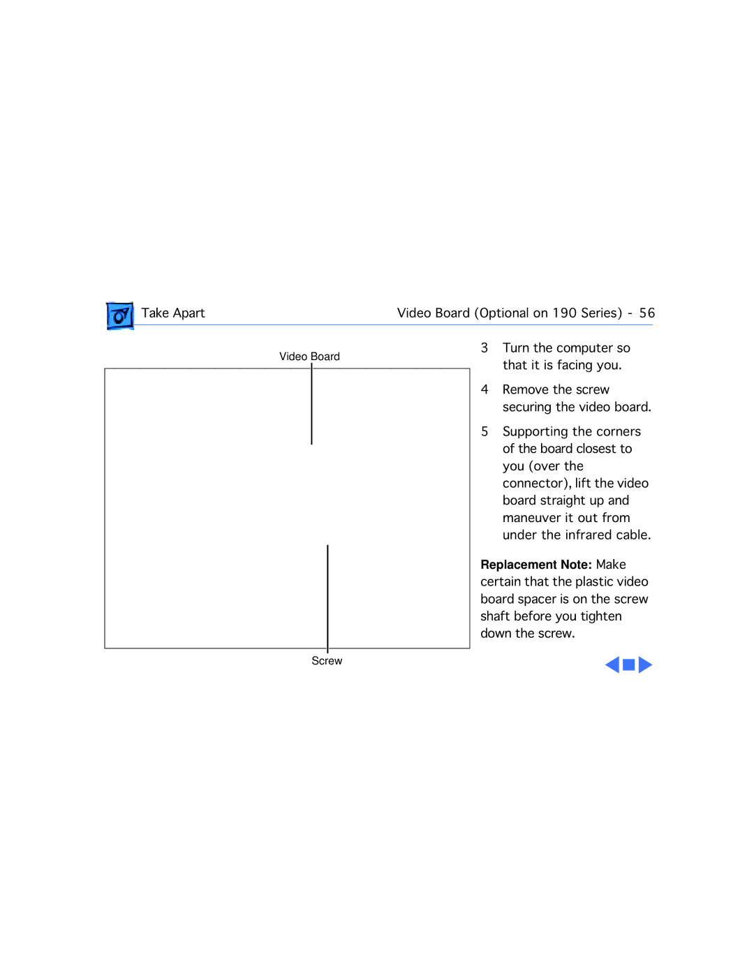 Apple 5300CS/100, 5300C/100, 5300CE/117, 5300/100, 190CS/66 manual Video Board Screw 