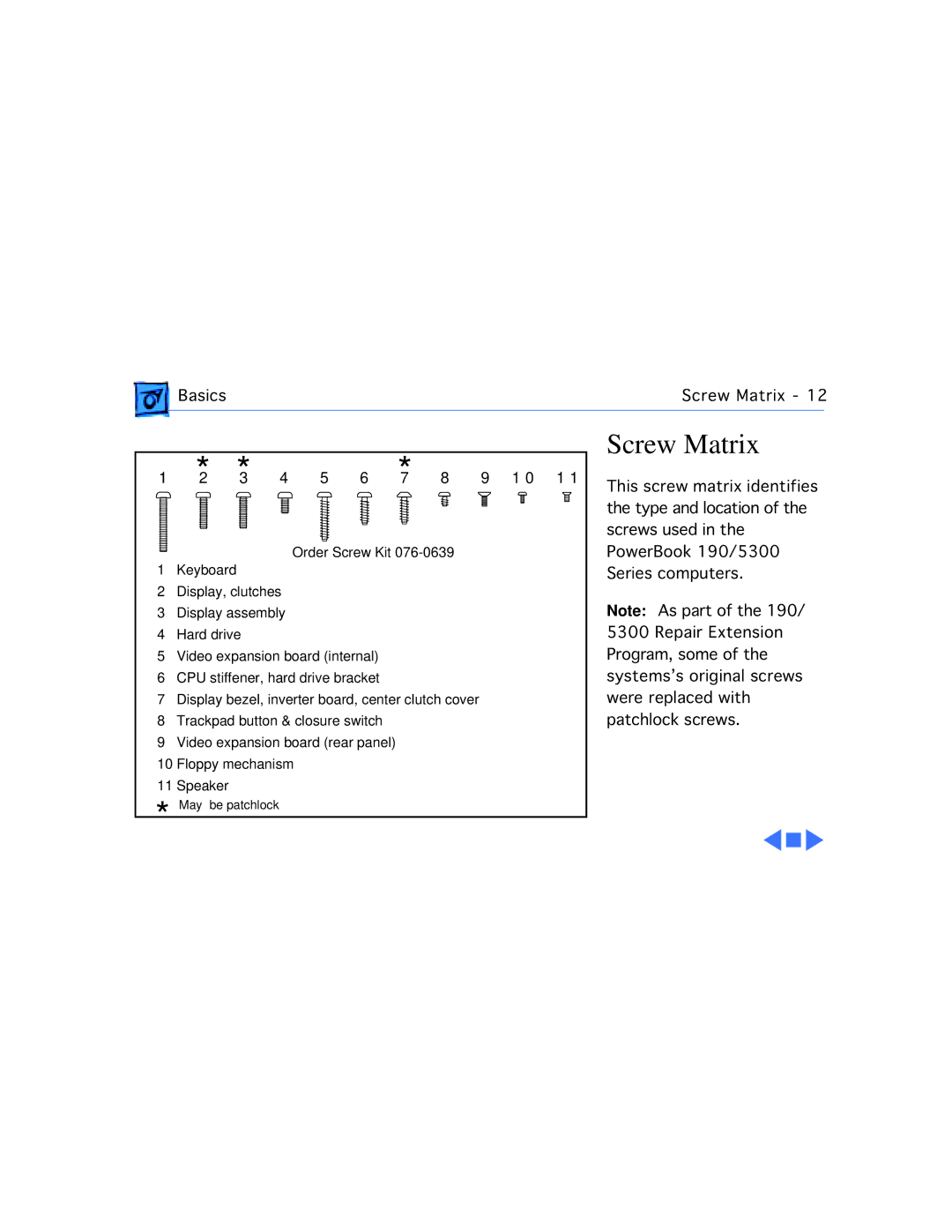 Apple 190CS/66, 5300C/100, 5300CE/117, 5300/100, 5300CS/100 manual Basics Screw Matrix 3 4 5 6 *7 8 9 1 0 1 