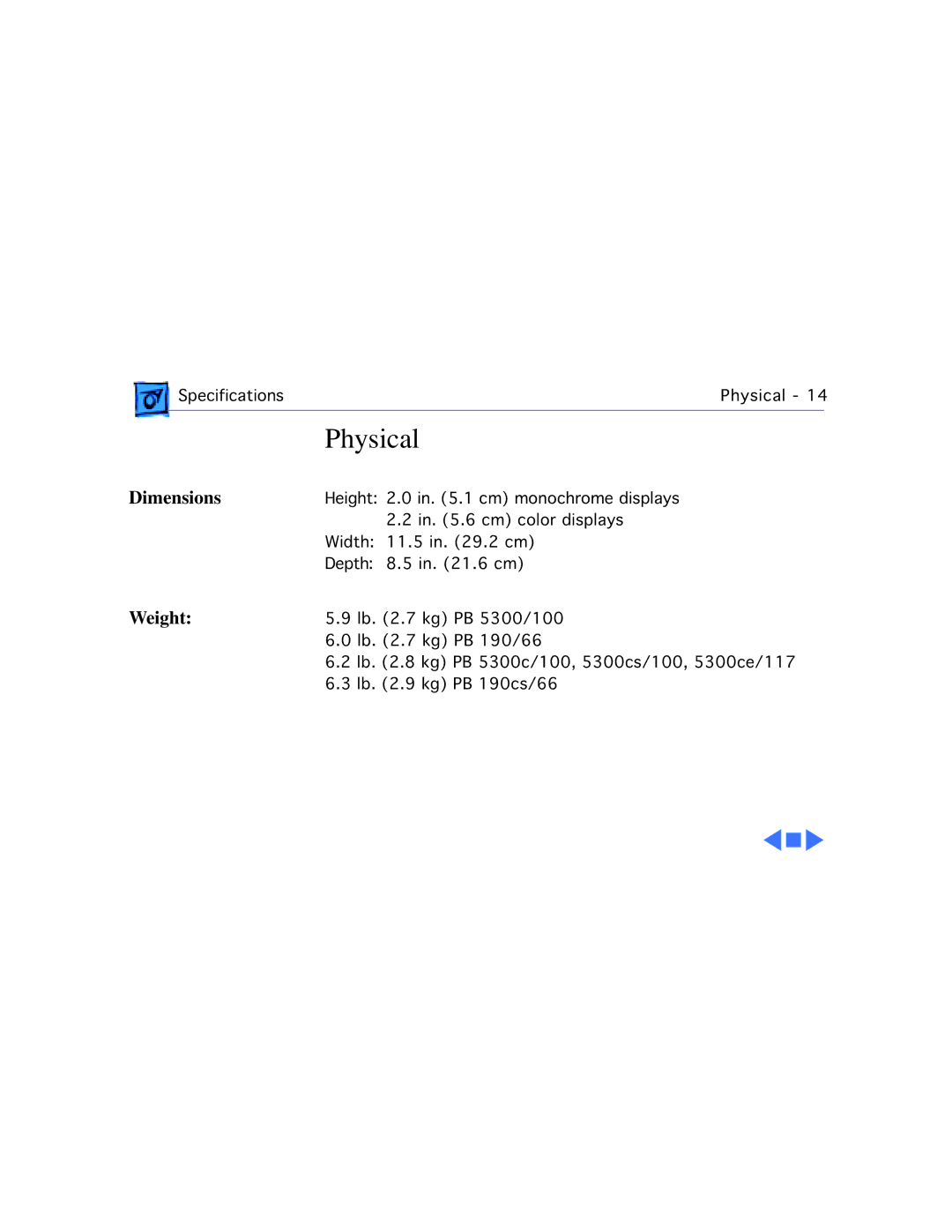 Apple 5300CE/117, 5300C/100, 5300/100, 5300CS/100, 190CS/66 manual Physical, Dimensions 