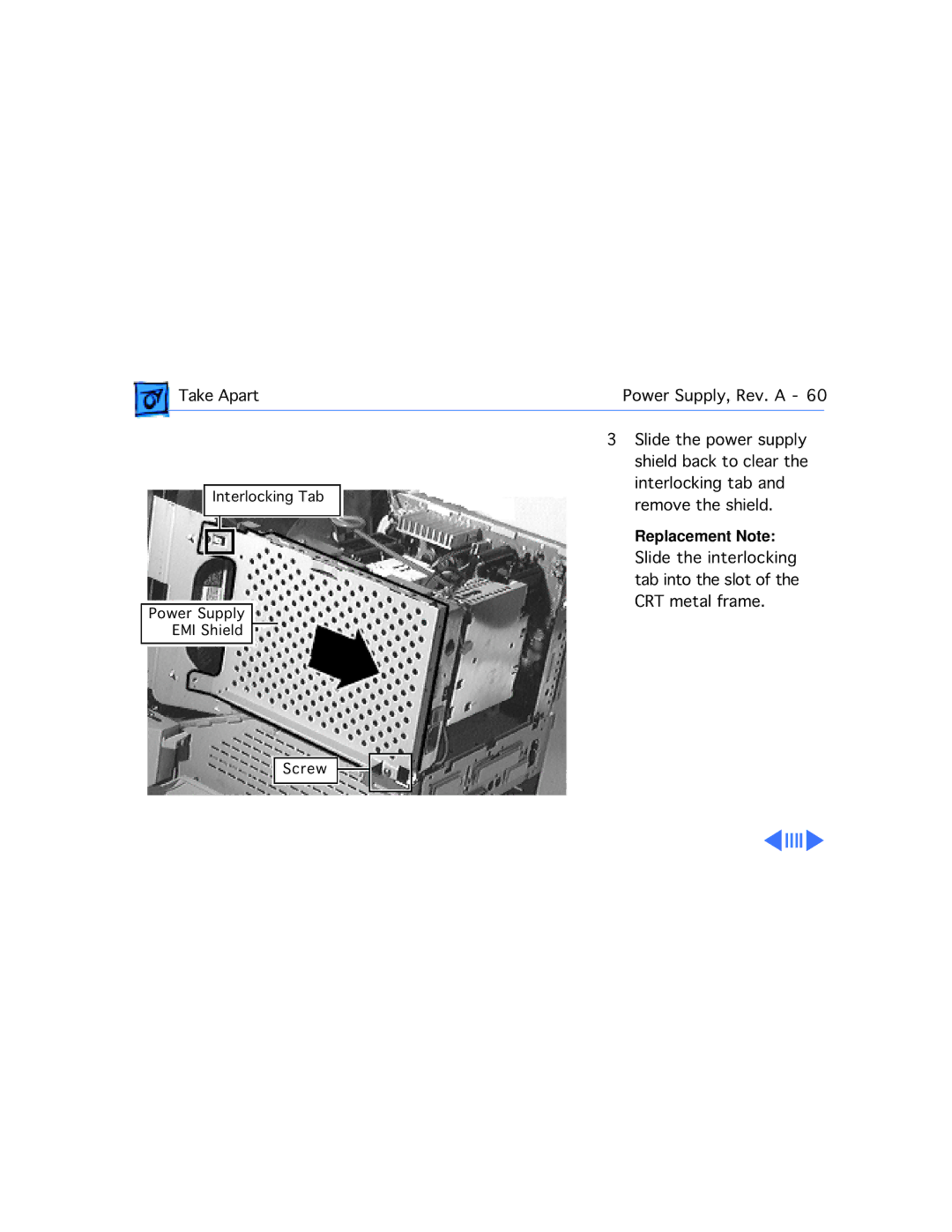 Apple 5320CD, 5300CD, 5200CD, 5200/75 LC, 5300/100 LC, 5215CD manual Interlocking Tab Power Supply EMI Shield 