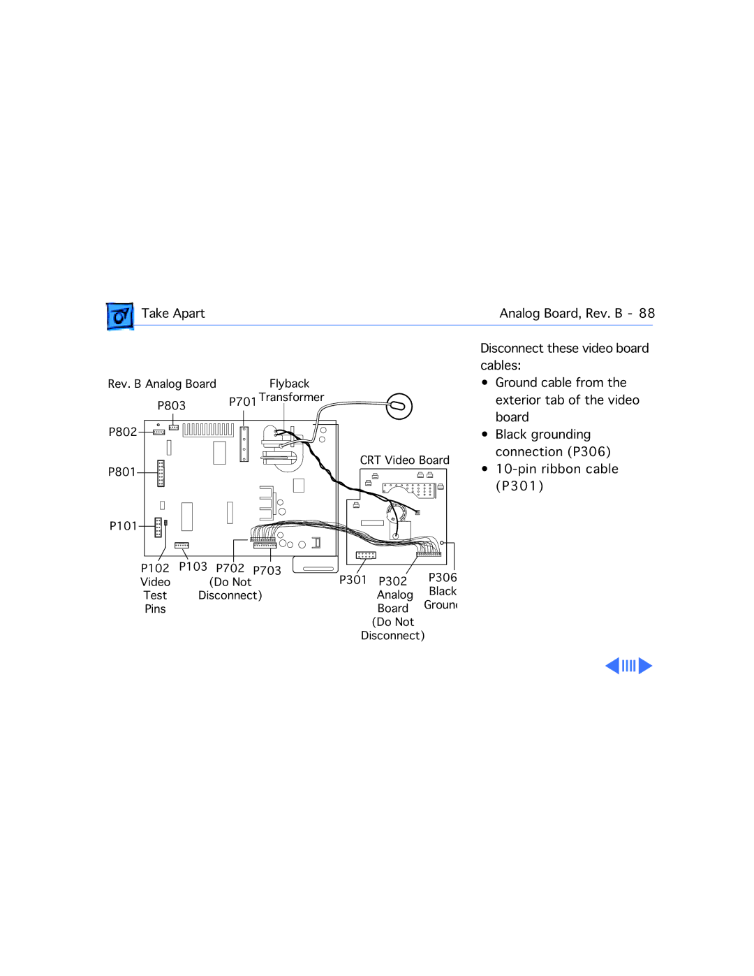 Apple 5300/100 LC, 5300CD, 5200CD, 5200/75 LC, 5215CD, 5320CD Take Apart Analog Board, Rev. B Disconnect these video board 