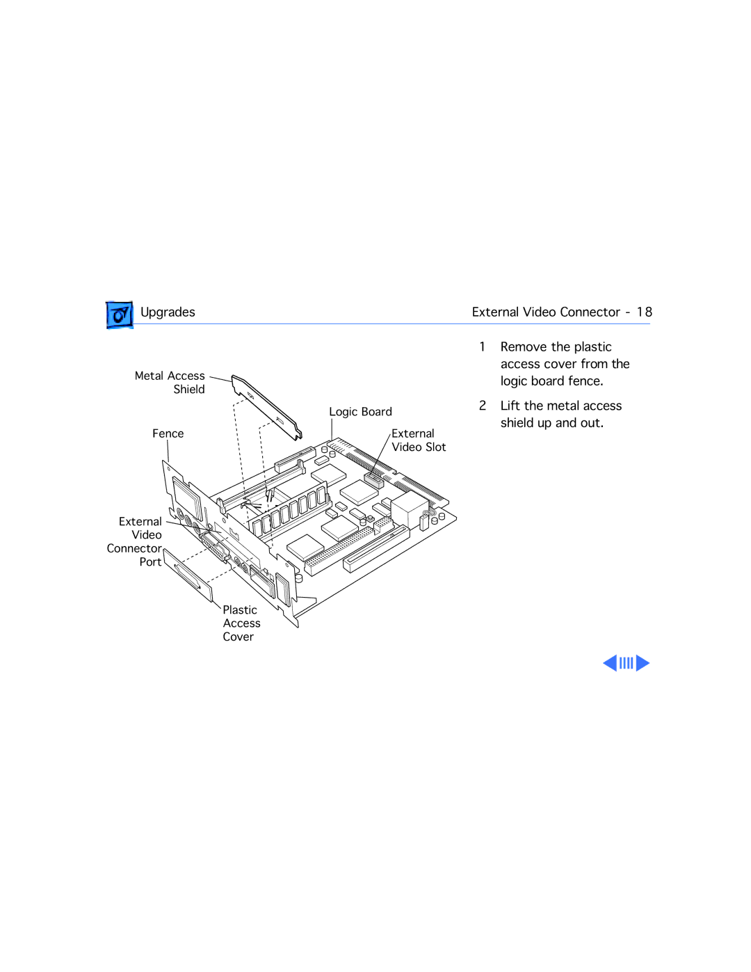 Apple 5320CD, 5300CD, 5200CD, 5200/75 LC, 5300/100 LC, 5215CD manual Upgrades External Video Connector Remove the plastic 