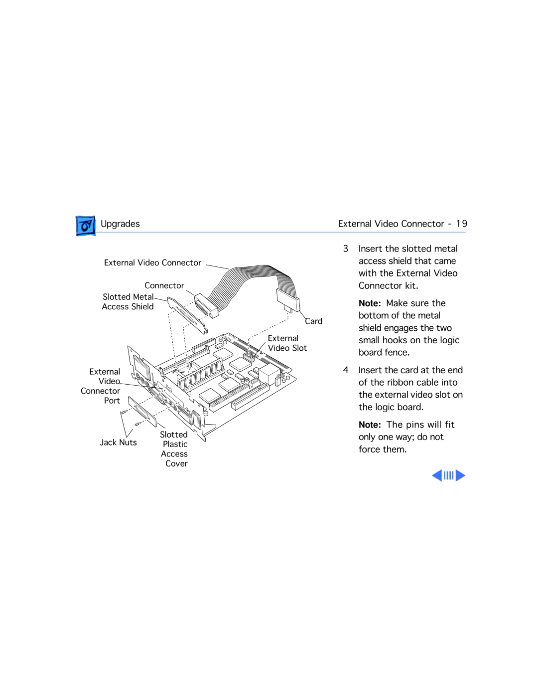 Apple 5300CD, 5200CD, 5200/75 LC, 5300/100 LC, 5215CD, 5320CD manual Upgrades External Video Connector Insert the slotted metal 