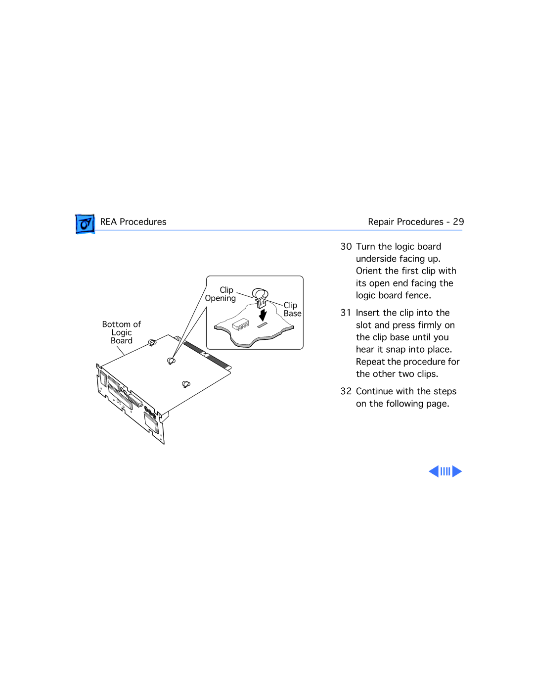 Apple 5200CD, 5300CD, 5200/75 LC, 5300/100 LC, 5215CD, 5320CD manual Bottom Logic Board Clip Opening Clip Base 