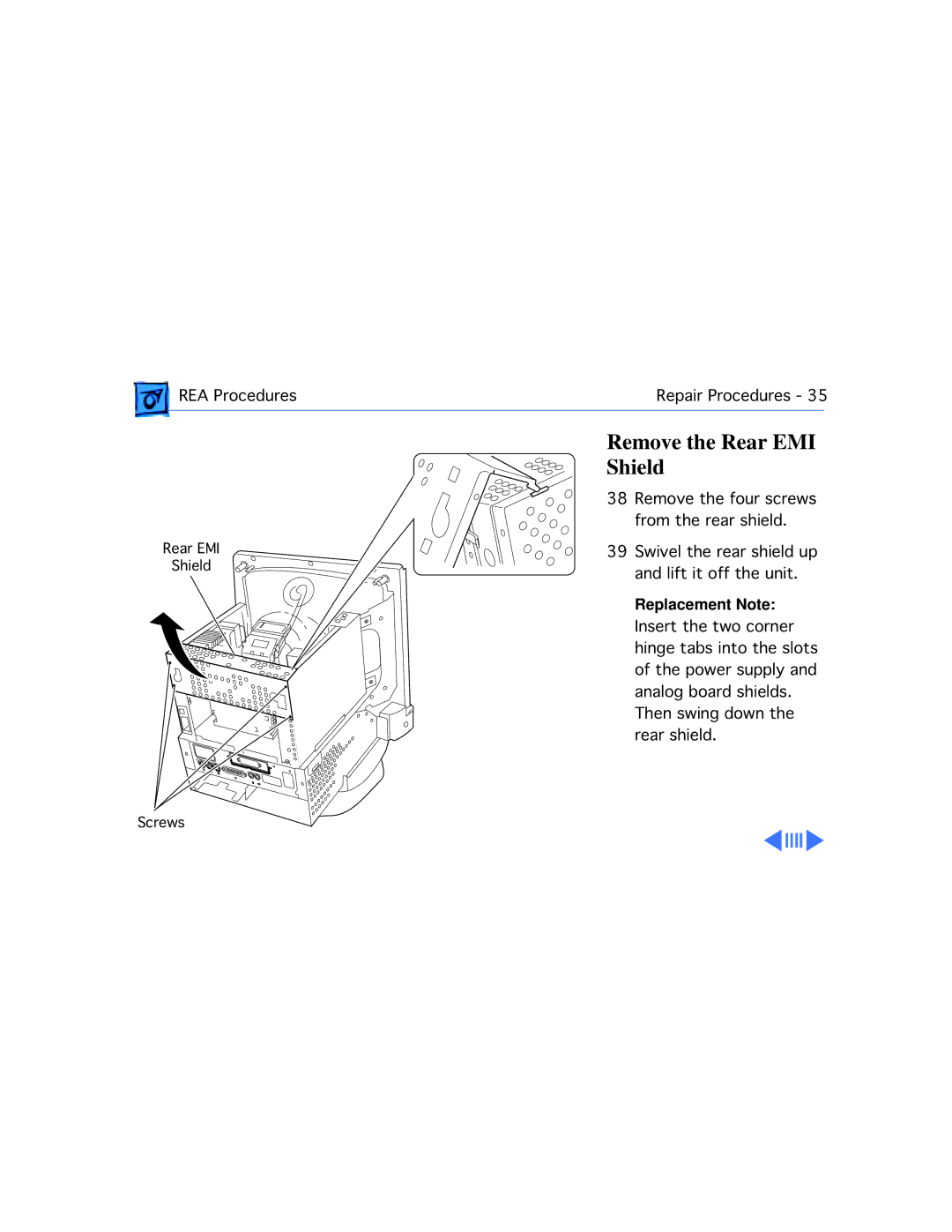 Apple 5200CD, 5300CD, 5200/75 LC, 5300/100 LC, 5215CD, 5320CD manual Remove the Rear EMI Shield 