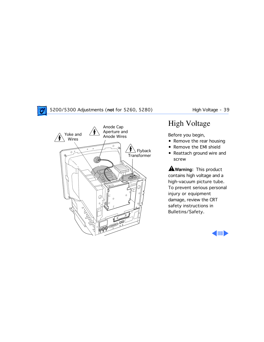 Apple 5200CD, 5300CD, 5200/75 LC, 5300/100 LC, 5215CD, 5320CD manual High Voltage 