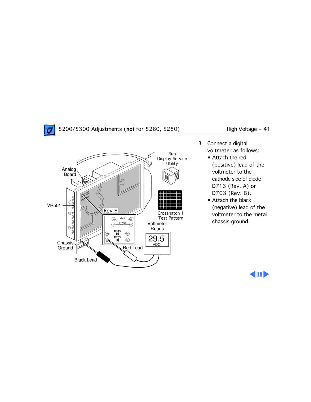 Apple 5300/100 LC, 5300CD, 5200CD, 5200/75 LC, 5215CD, 5320CD manual Voltmeter as follows 