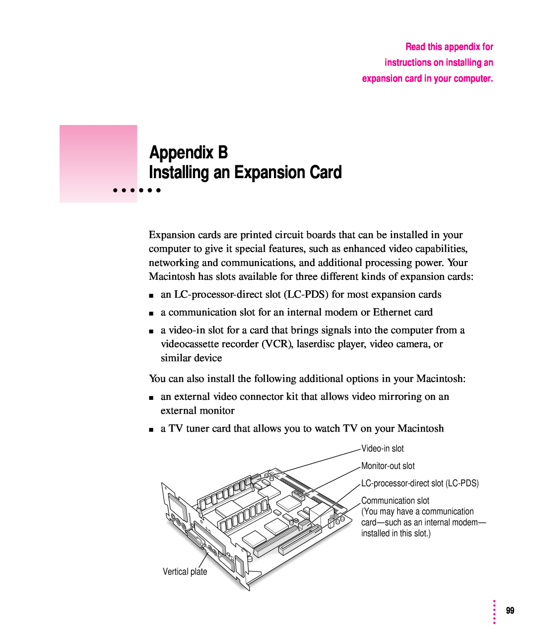 Apple 5200CD, 5300CD manual Appendix B Installing an Expansion Card 