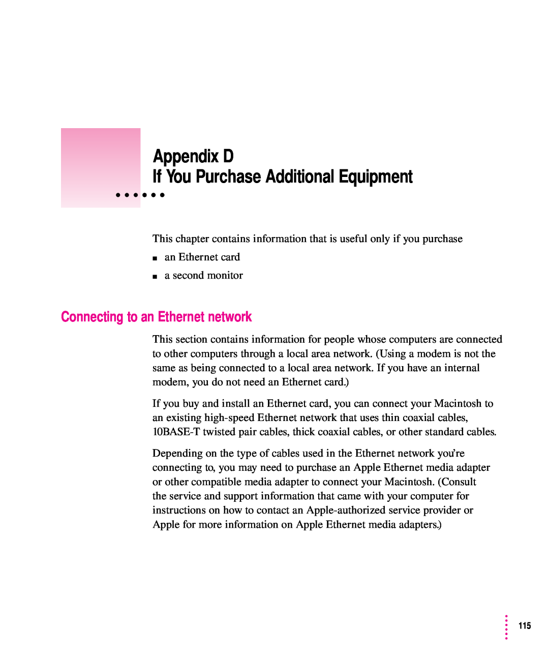 Apple 5200CD, 5300CD manual Appendix D If You Purchase Additional Equipment, Connecting to an Ethernet network 