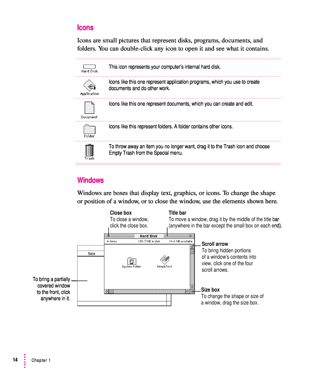 Apple 5300CD, 5200CD manual Icons, Windows, Close box, Title bar, Scroll arrow, Size box 