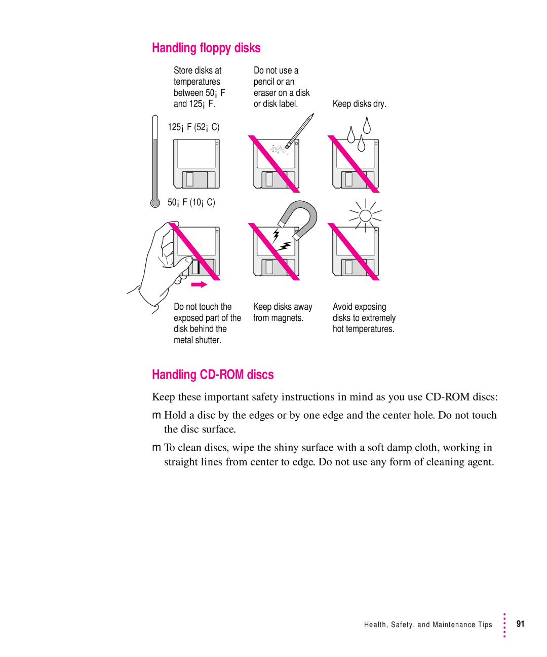 Apple 5200CD, 5300CD manual Handling floppy disks, Handling CD-ROM discs 