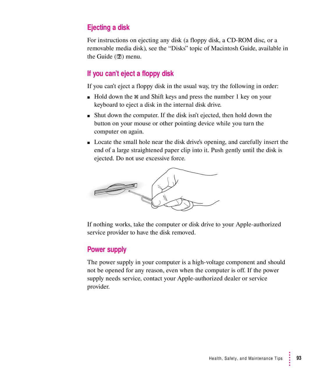 Apple 5200CD, 5300CD manual Ejecting a disk, If you can’t eject a floppy disk, Power supply 