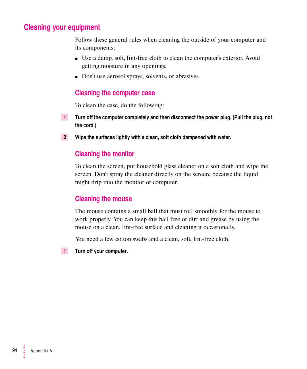 Apple 5300CD, 5200CD manual Cleaning your equipment, Cleaning the computer case, Cleaning the monitor, Cleaning the mouse 