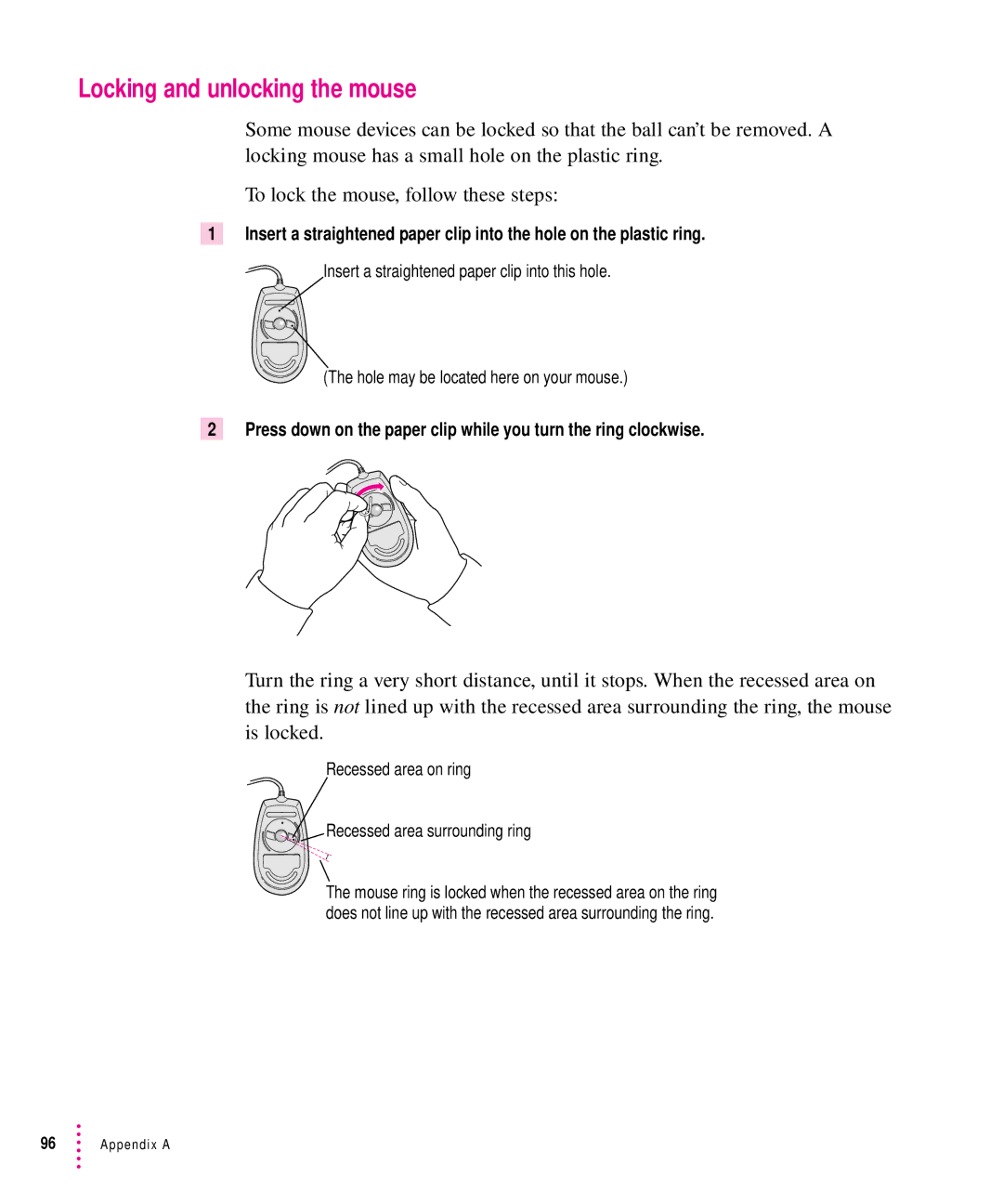 Apple 5300CD, 5200CD manual Locking and unlocking the mouse, Recessed area on ring Recessed area surrounding ring 