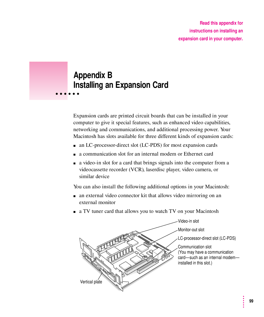 Apple 5200CD, 5300CD manual Appendix B Installing an Expansion Card 