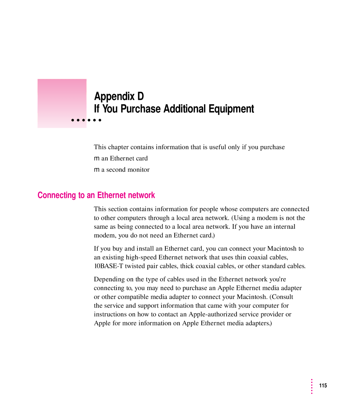 Apple 5200CD, 5300CD manual Appendix D If You Purchase Additional Equipment, Connecting to an Ethernet network 