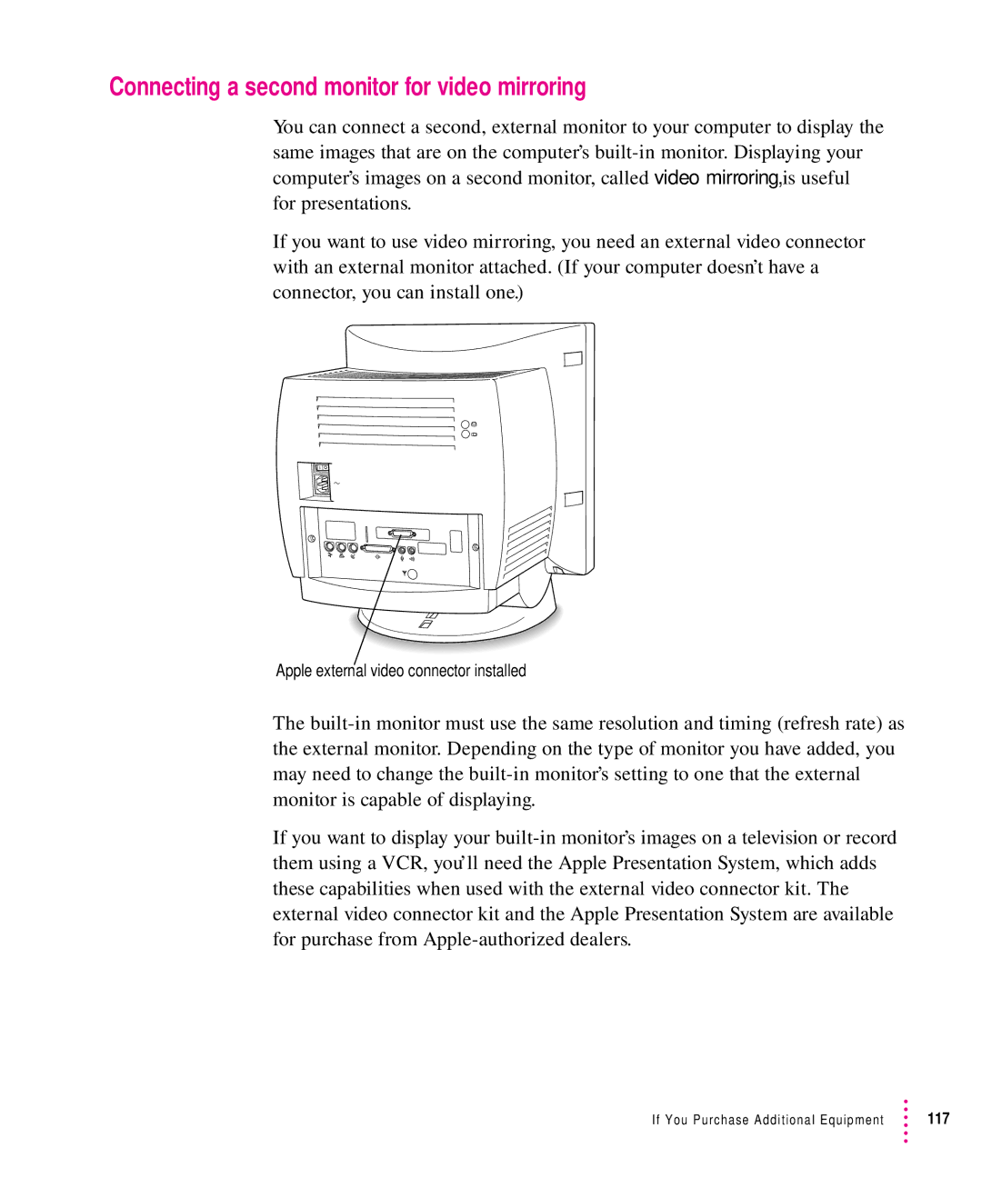 Apple 5200CD, 5300CD manual Connecting a second monitor for video mirroring 