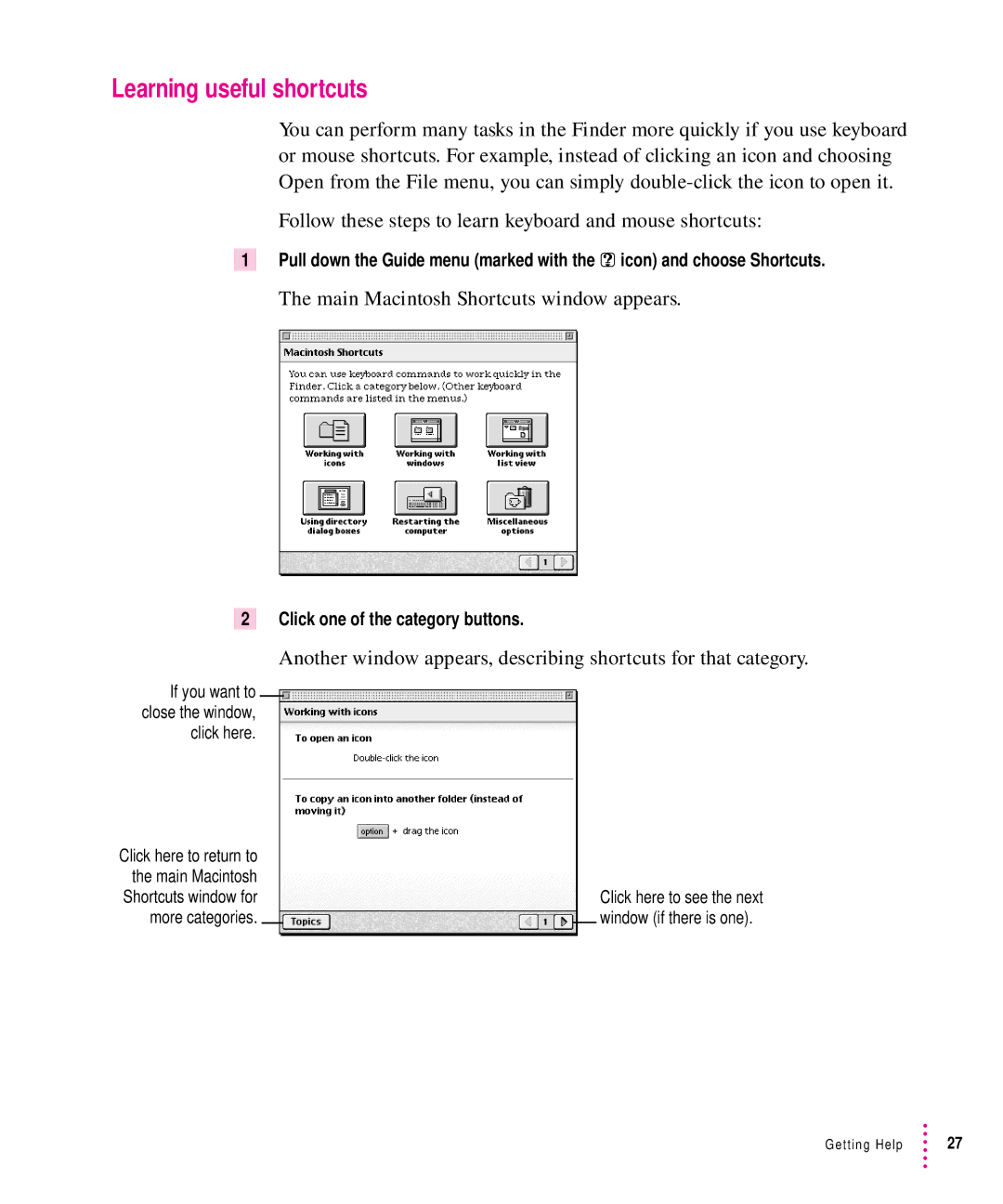 Apple 5200CD, 5300CD manual Learning useful shortcuts, Main Macintosh Shortcuts window appears 