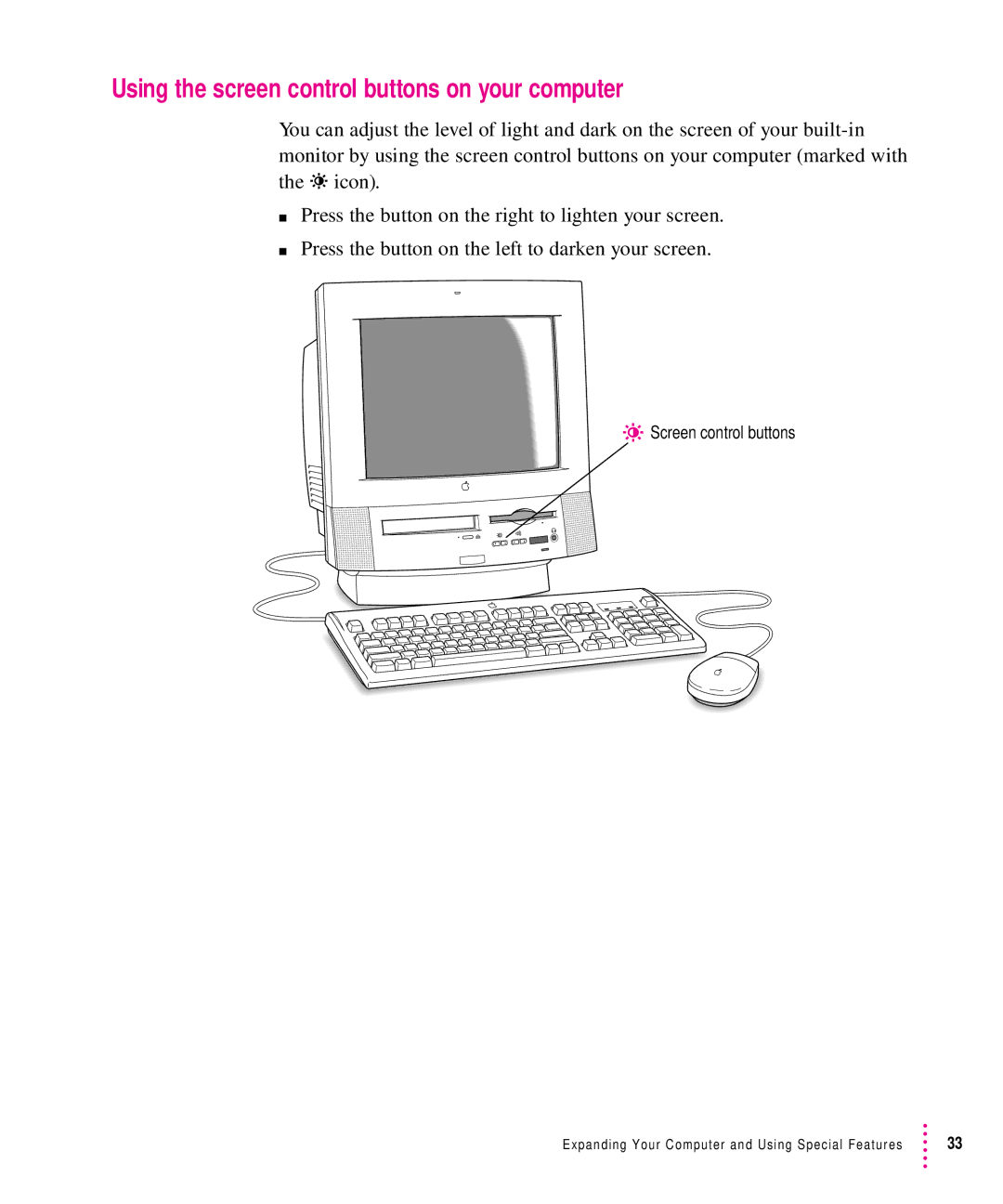 Apple 5200CD, 5300CD manual Using the screen control buttons on your computer 