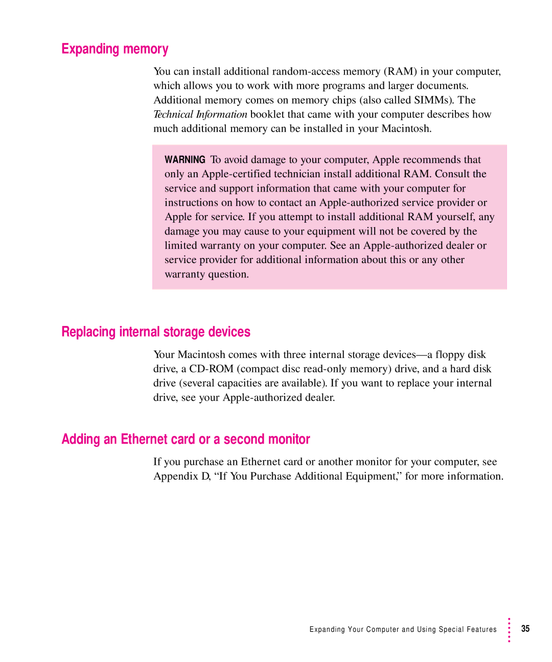 Apple 5200CD, 5300CD Expanding memory, Replacing internal storage devices, Adding an Ethernet card or a second monitor 