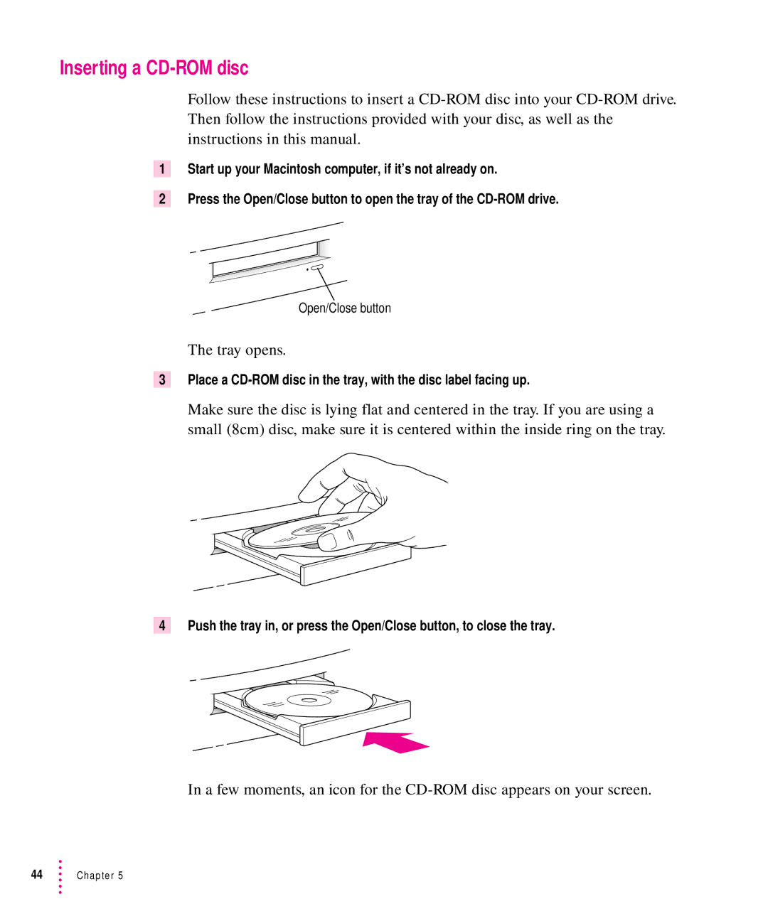 Apple 5300CD, 5200CD manual Inserting a CD-ROM disc 