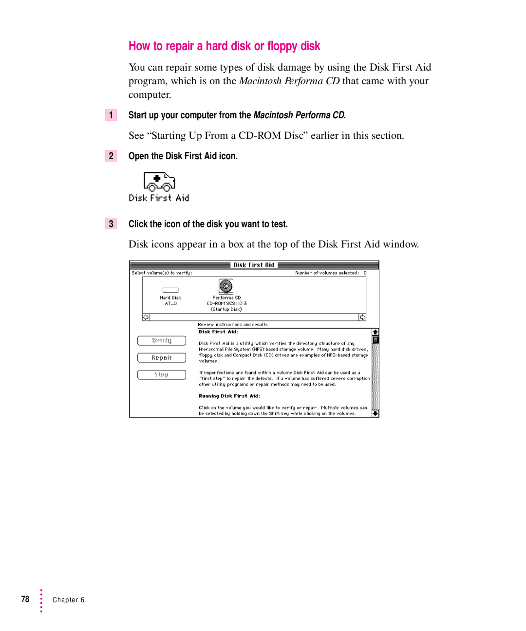 Apple 5300CD, 5200CD manual How to repair a hard disk or floppy disk 