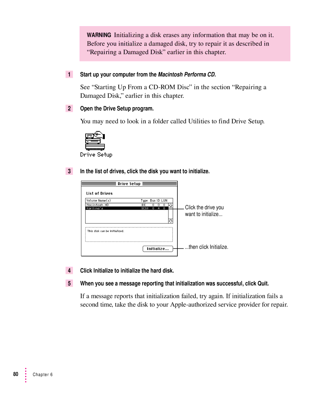 Apple 5300CD, 5200CD manual List of drives, click the disk you want to initialize 