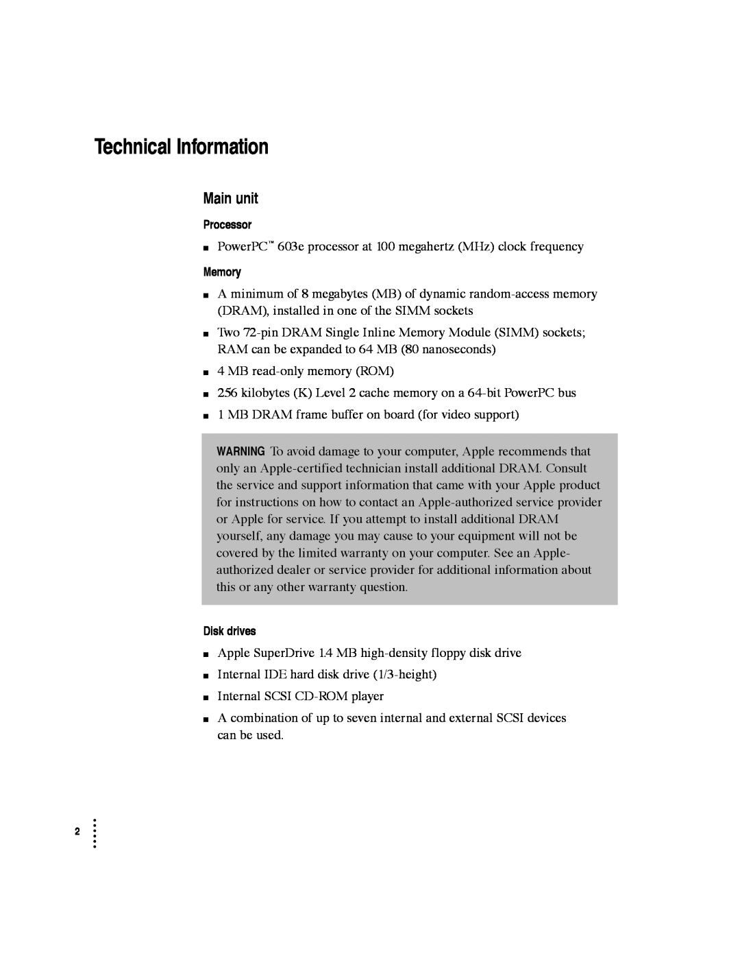Apple 5300CD specifications Main unit, Technical Information 