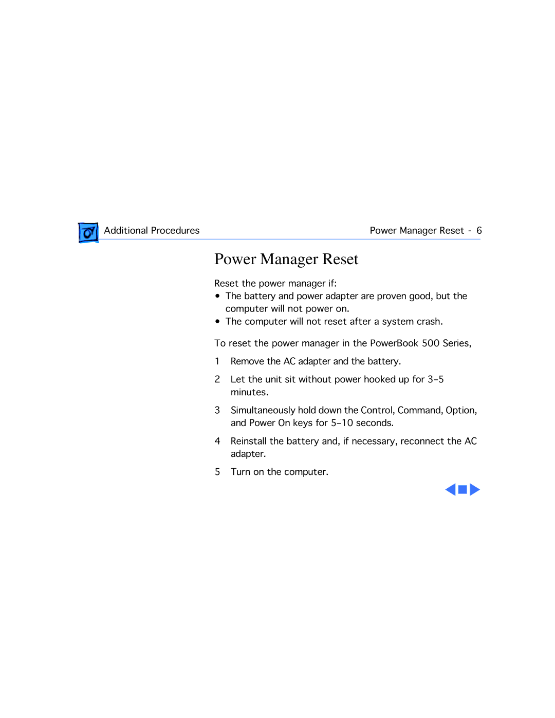 Apple 540C, 520C manual Power Manager Reset 