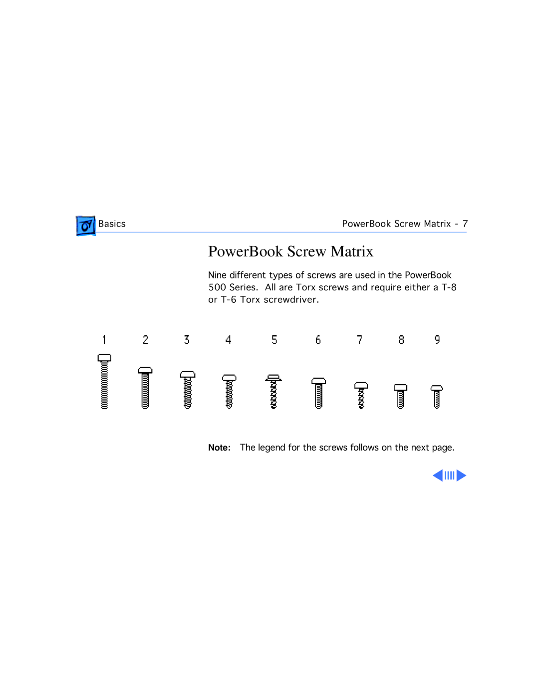 Apple 540C, 520C manual PowerBook Screw Matrix 