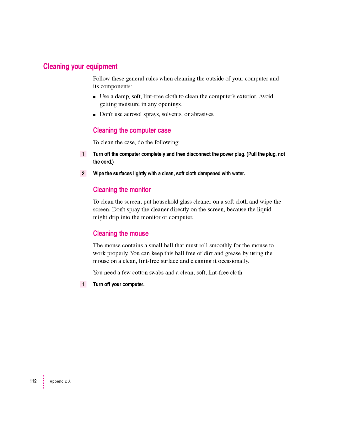 Apple 5400 Series manual Cleaning your equipment, Cleaning the computer case, Cleaning the monitor, Cleaning the mouse 