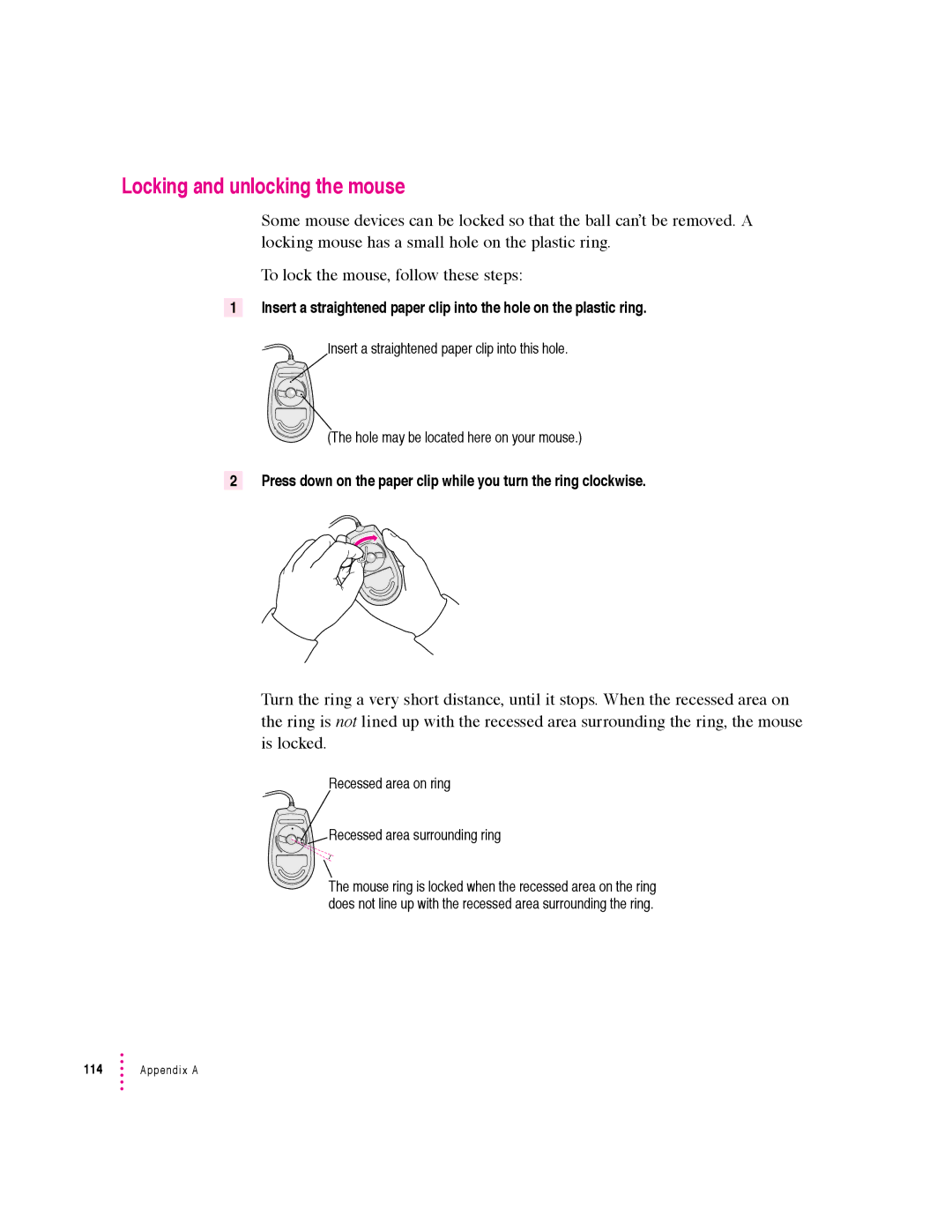 Apple 5400 Series manual Locking and unlocking the mouse, Recessed area on ring Recessed area surrounding ring 