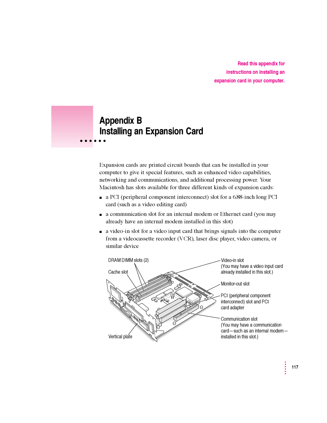 Apple 5400 Series manual Appendix B Installing an Expansion Card 