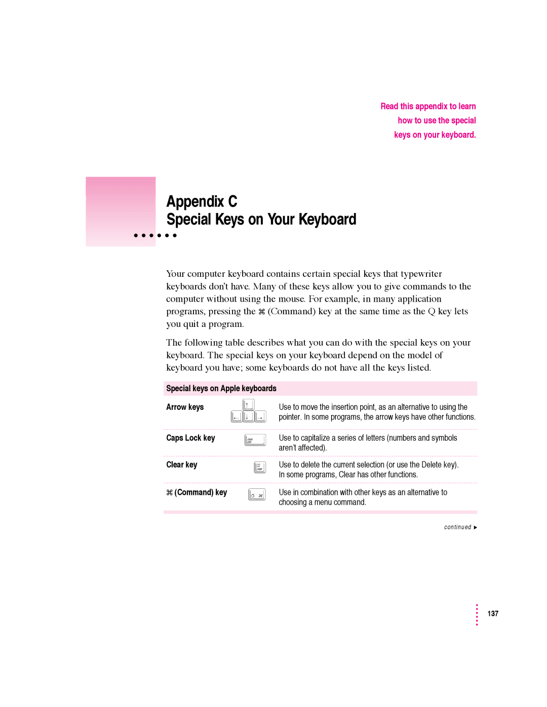 Apple 5400 Series manual Appendix C Special Keys on Your Keyboard, Special keys on Apple keyboards Arrow keys 