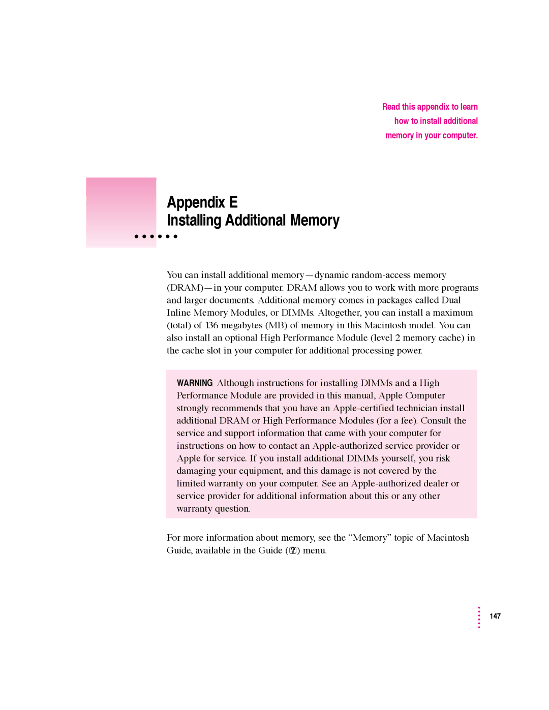Apple 5400 Series manual Appendix E Installing Additional Memory 