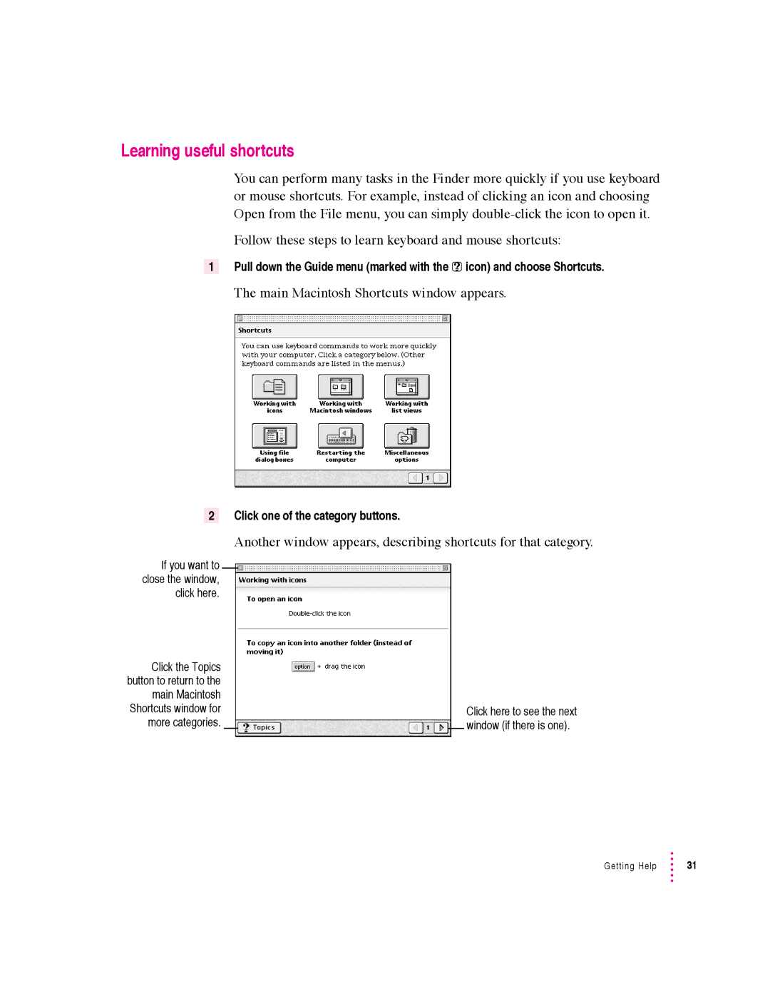 Apple 5400 Series manual Learning useful shortcuts, Main Macintosh Shortcuts window appears 