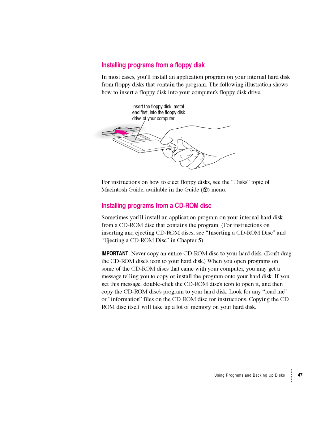 Apple 5400 Series manual Installing programs from a floppy disk, Installing programs from a CD-ROM disc 