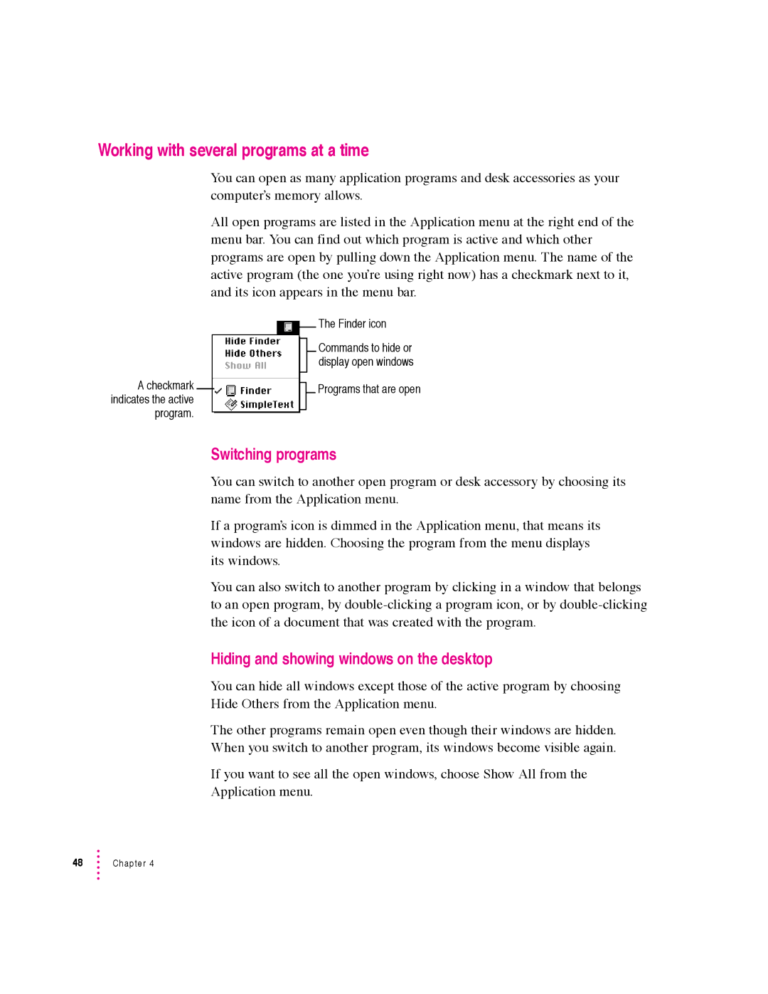 Apple 5400 Series Working with several programs at a time, Switching programs, Hiding and showing windows on the desktop 