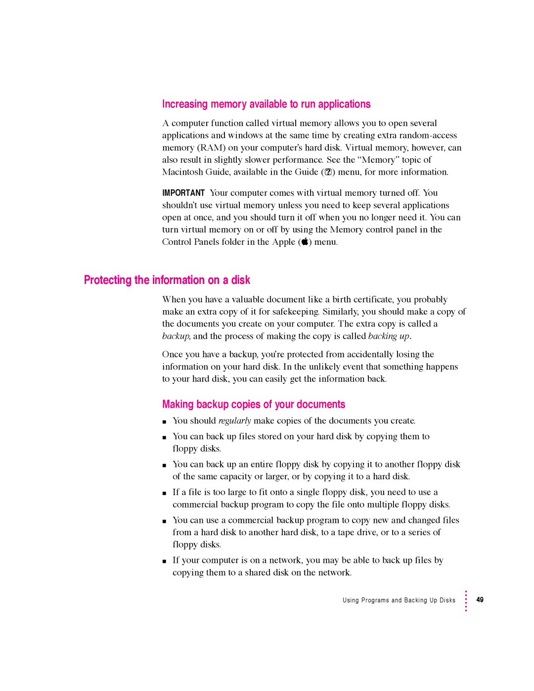 Apple 5400 Series manual Protecting the information on a disk, Increasing memory available to run applications 