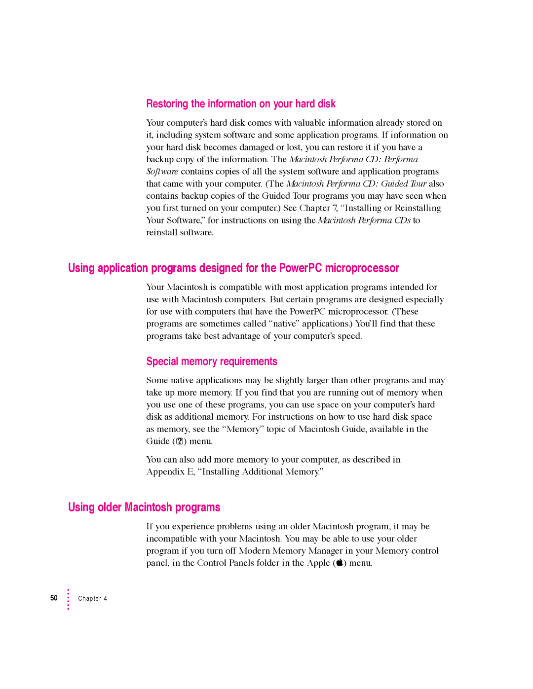 Apple 5400 Series Using older Macintosh programs, Restoring the information on your hard disk, Special memory requirements 