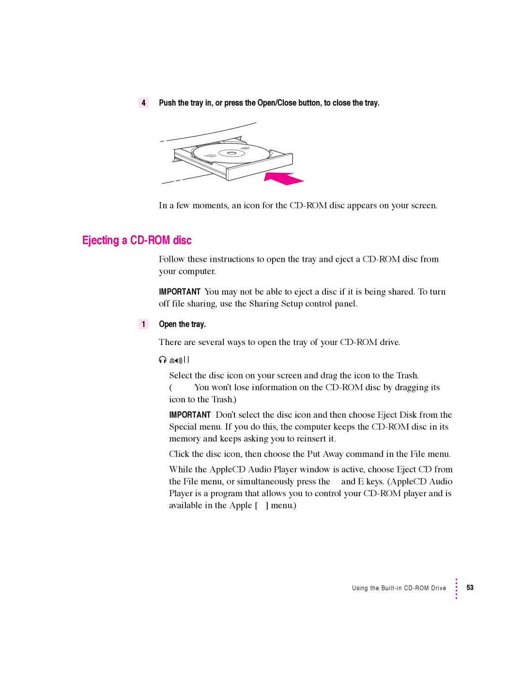 Apple 5400 Series manual Ejecting a CD-ROM disc, There are several ways to open the tray of your CD-ROM drive 