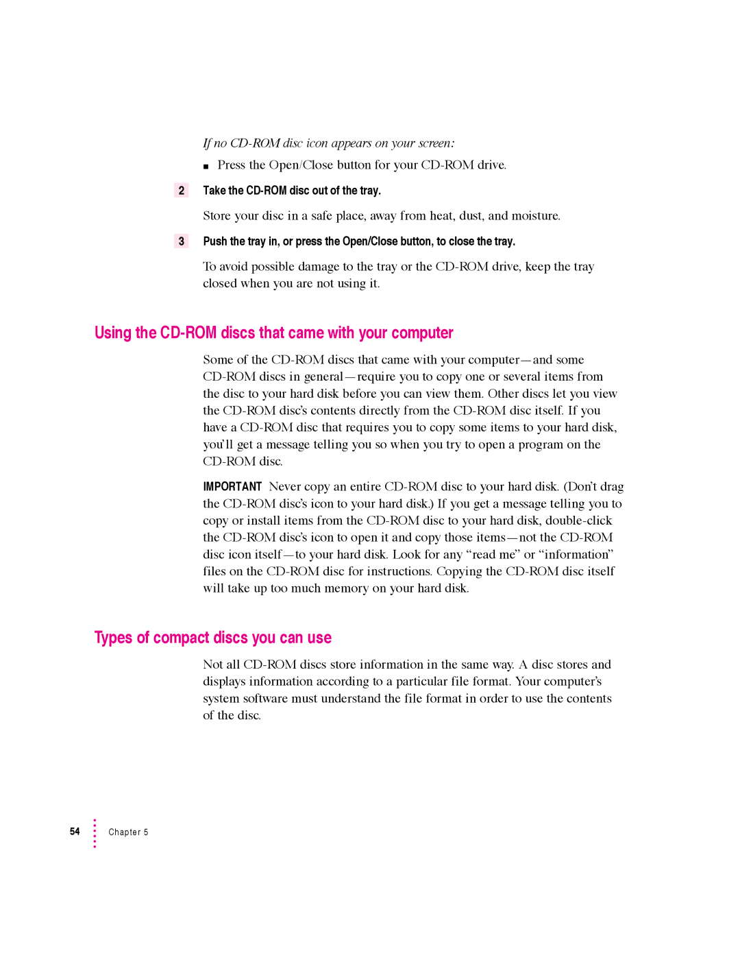 Apple 5400 Series manual Using the CD-ROM discs that came with your computer, Types of compact discs you can use 