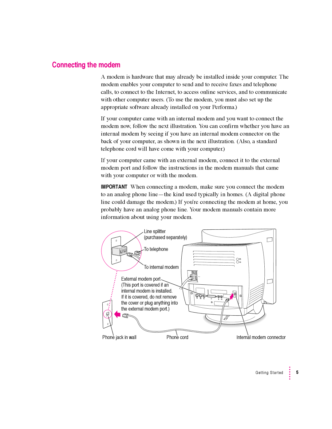 Apple 5400 Series manual Connecting the modem, To telephone To internal modem 