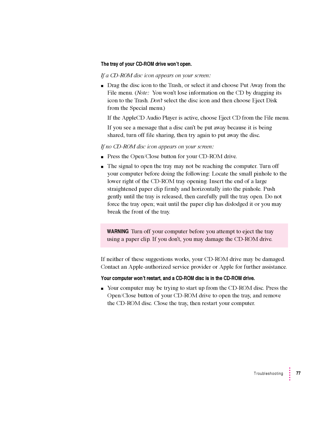 Apple 5400 Series manual Tray of your CD-ROM drive won’t open 