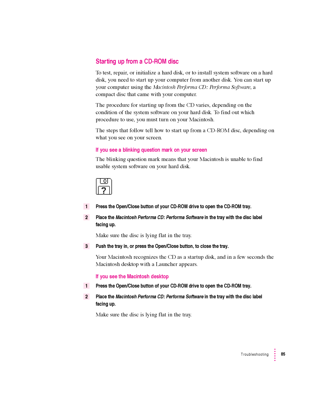 Apple 5400 Series manual Starting up from a CD-ROM disc, Make sure the disc is lying flat in the tray 