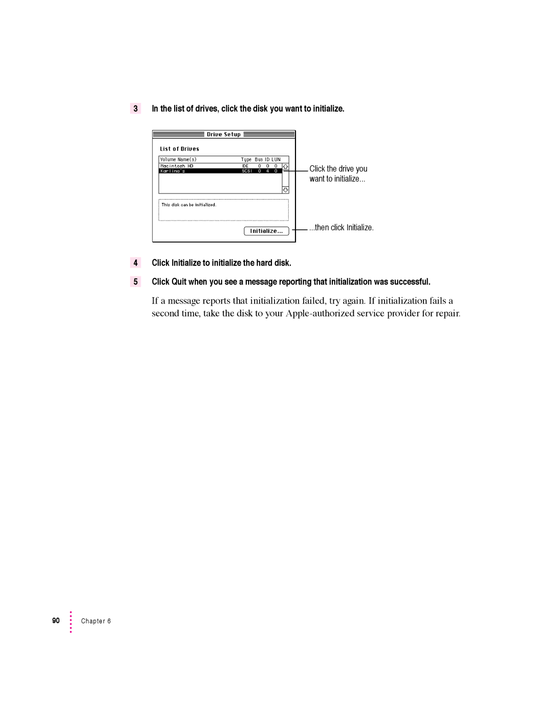 Apple 5400 Series manual List of drives, click the disk you want to initialize 