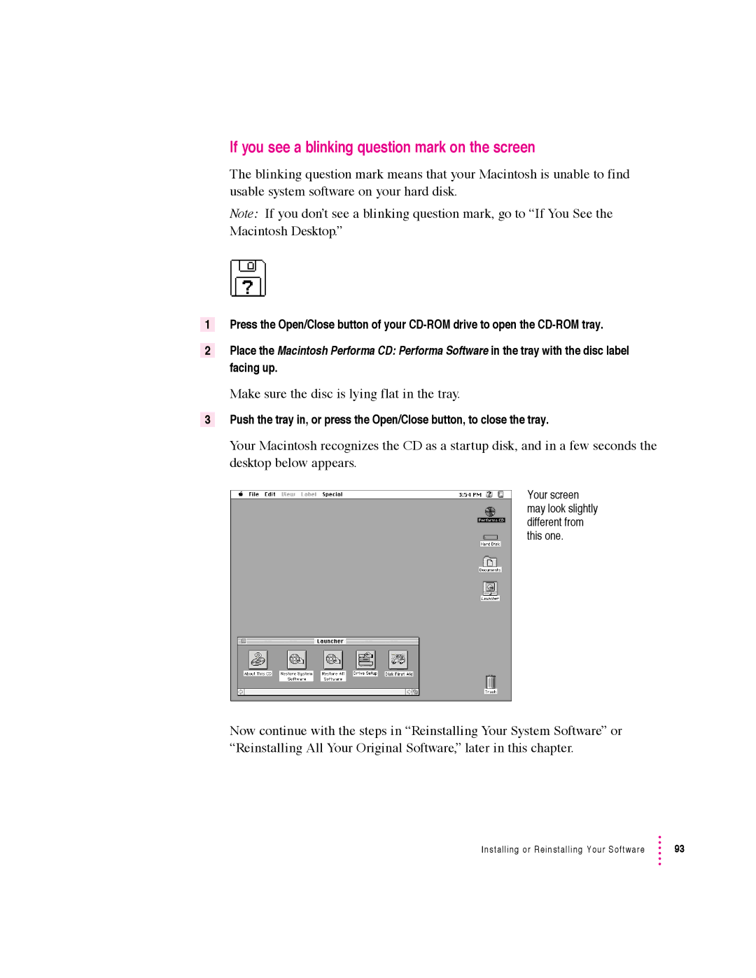 Apple 5400 Series manual If you see a blinking question mark on the screen, Make sure the disc is lying flat in the tray 