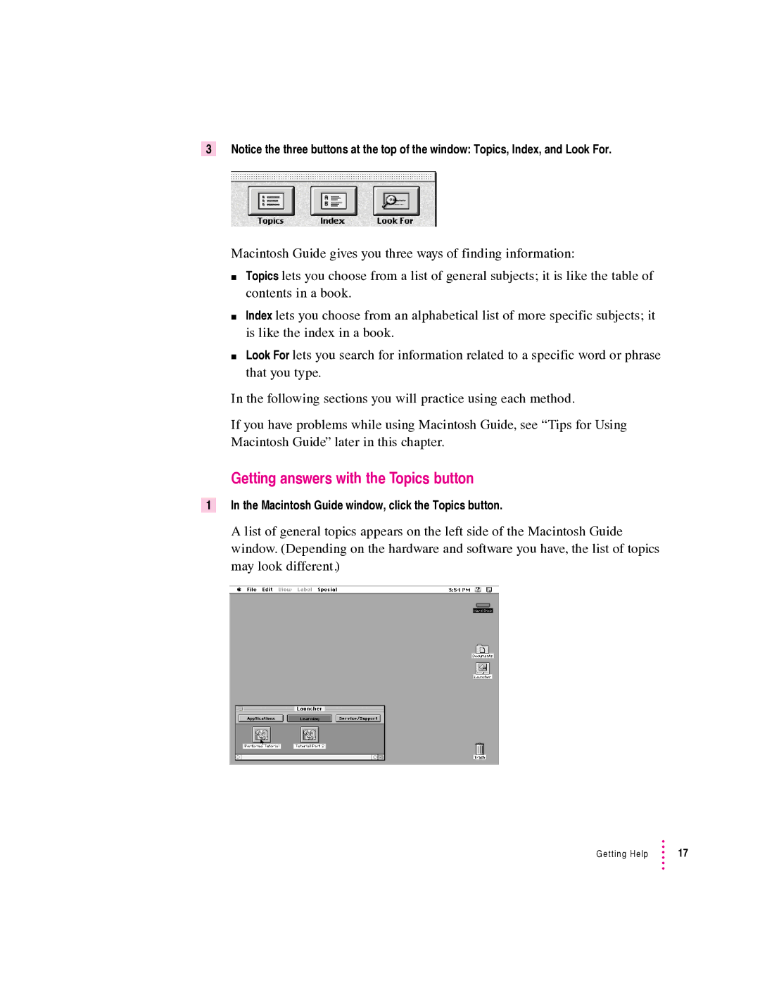 Apple 570 series, 550 series manual Getting answers with the Topics button, Macintosh Guide window, click the Topics button 