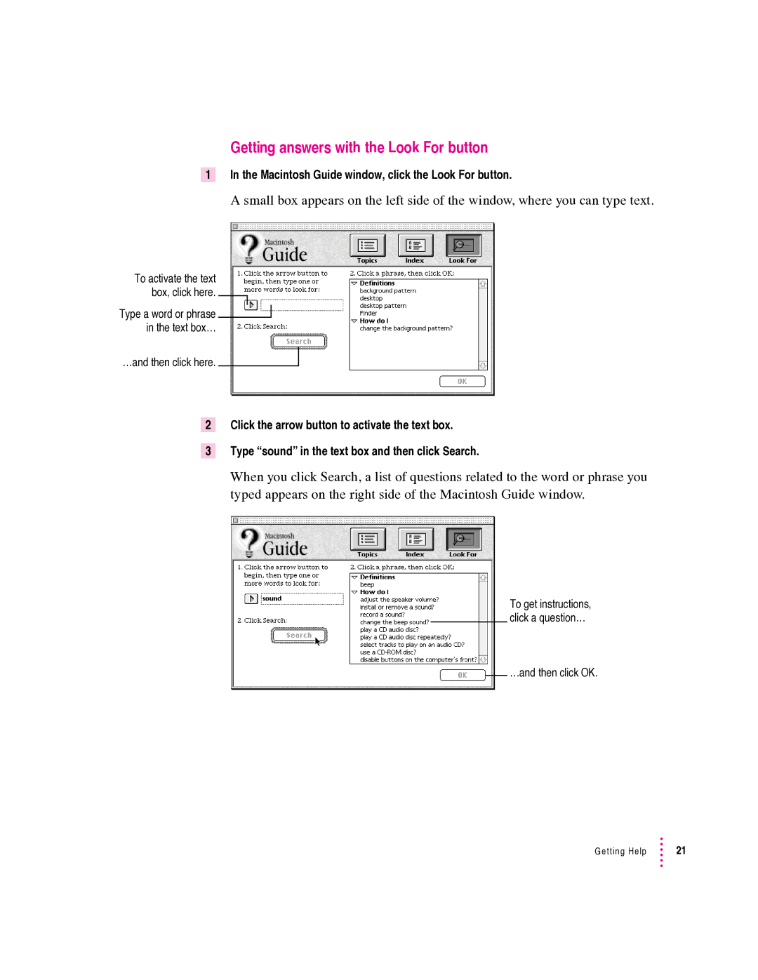 Apple 570 series, 550 series Getting answers with the Look For button, Macintosh Guide window, click the Look For button 